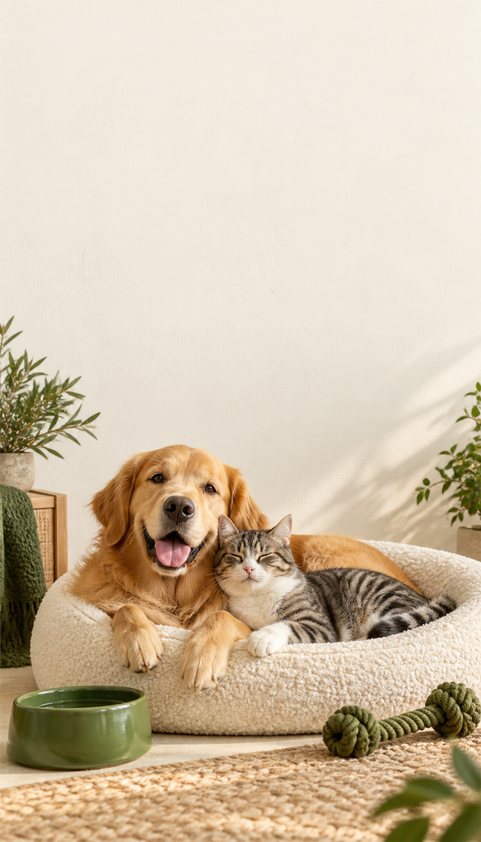 A golden retriever and tabby cat enjoying a cozy bed with PawCareMarket pet essentials